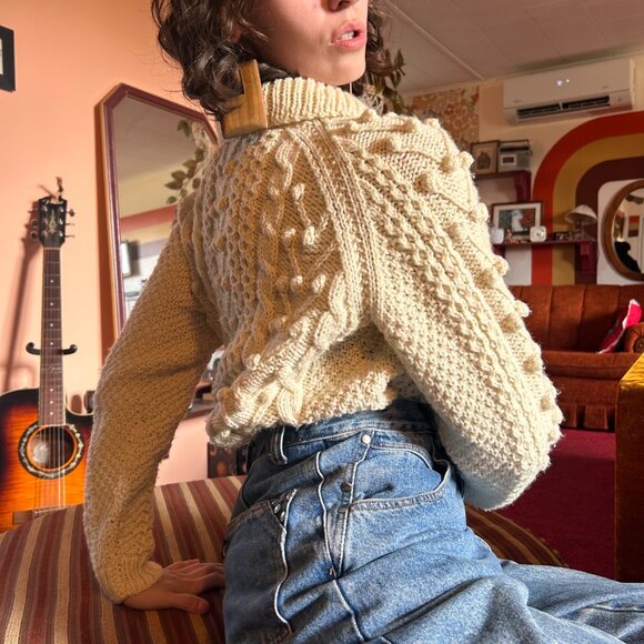 1990s handmade vintage button up wool fishermans aran cardigan! - Picture 3 of 16